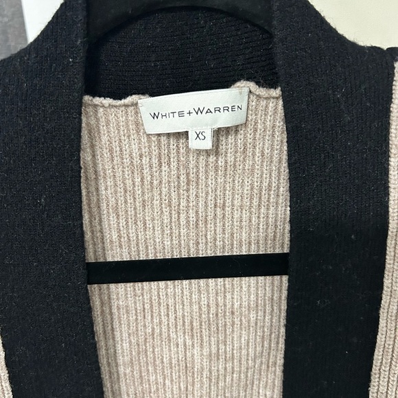 White + Warren Cashmere Cardigan XS Beige Black Trim Open Front Cinched Waist - Picture 3 of 7